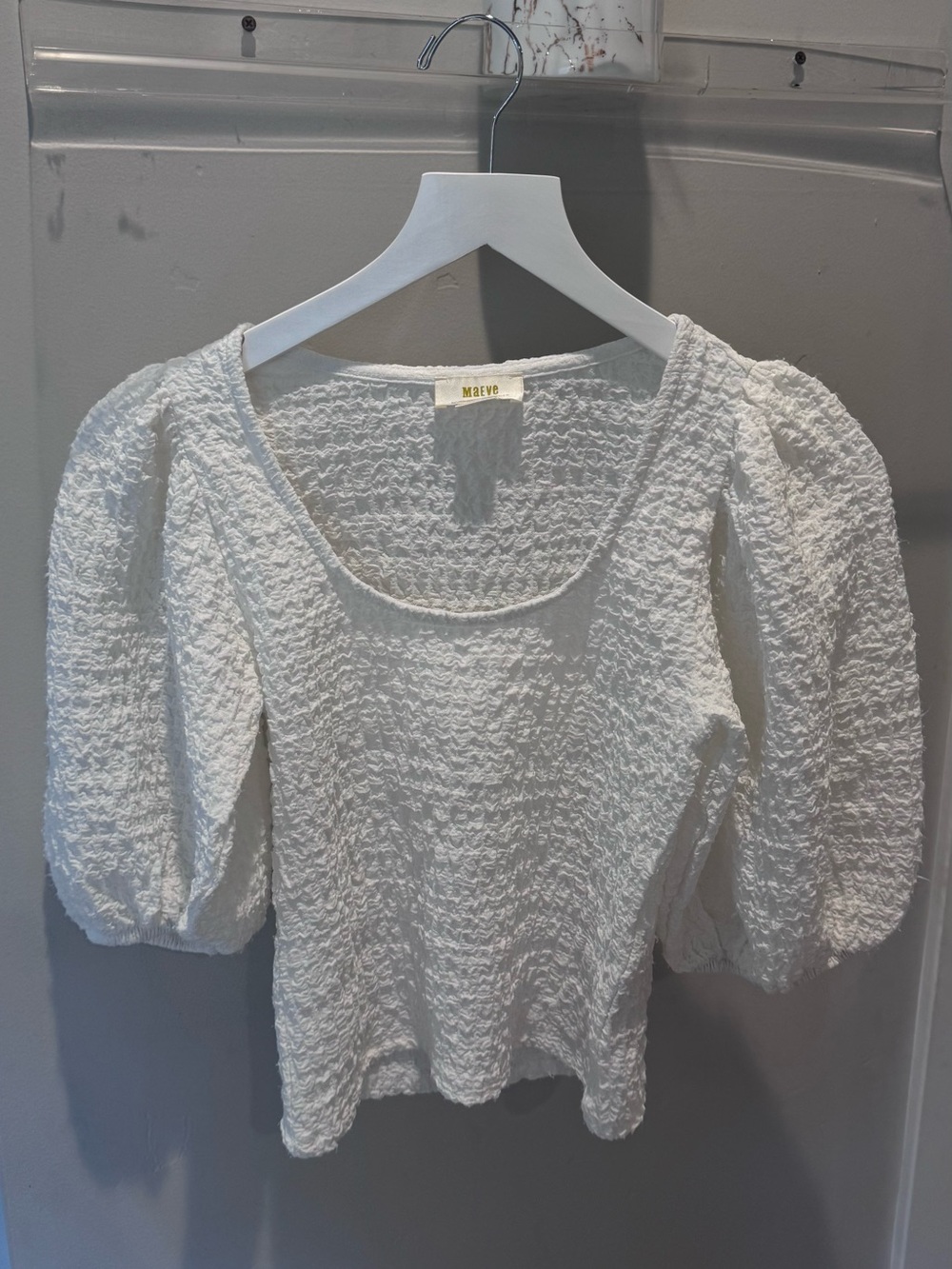 Maeve White Textured Scoop-Neck Top with Puff Sleeves